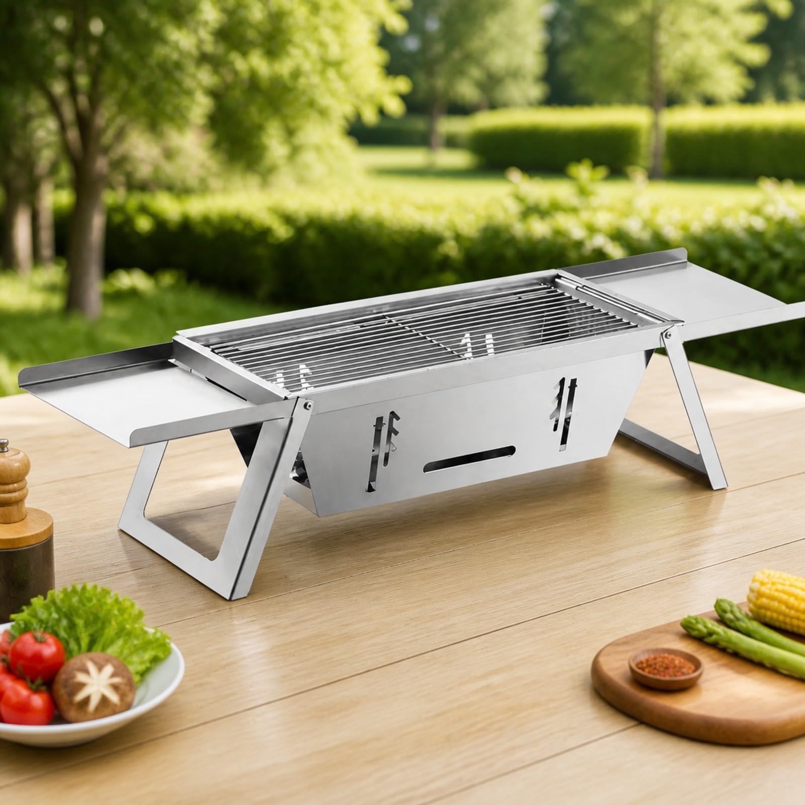 Parrilla Carbón Plegable Acero Inoxidable Compacto Parrilla Plegable Portátil Resistente a Elevadas Temperaturas para Patio, Cocina Al Libre