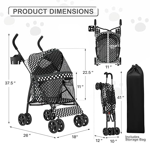 Miniatura 3 de MoNiBloom Cochecito para mascotas de 4 ruedas, fácil de plegar con forma de paraguas para perros y gatos, con bolsa de almacenamiento y malla