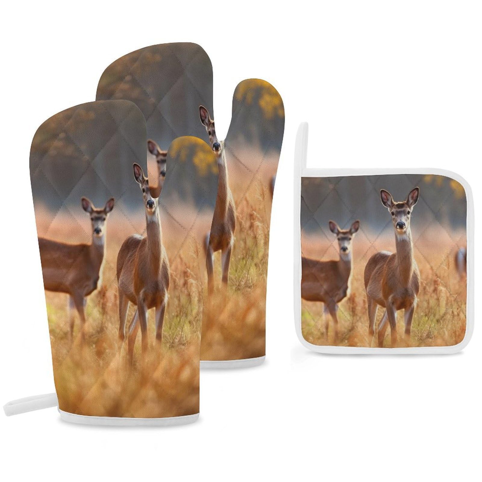 Oven Mitts and Pot Holders Set of 3 Heat Resistant Non-Slip Kitchen Gloves Hot Pads Deer in Autumn Field Mittens Gloves Non-Slip Potholders for Cooking Baking Grilling BBQ