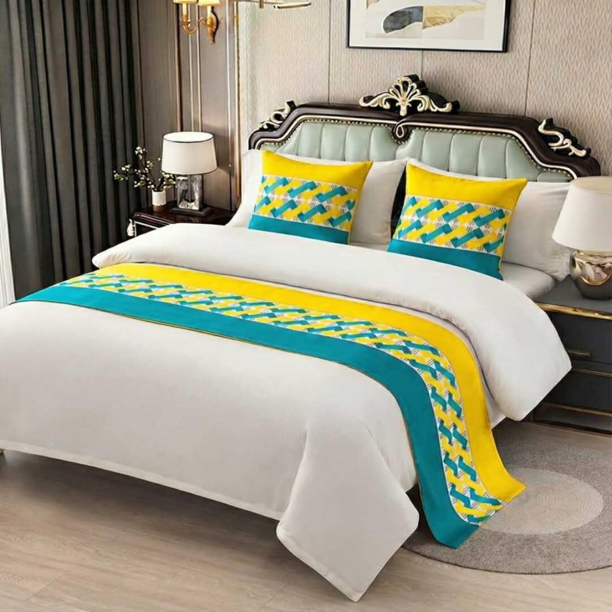 Sofrito Printed Hotel Bed Runner Single with 1 Cushion Cover | Ideal for Hotels, Boutique Stays, Home and Resorts | Teal Fusion-picture-27