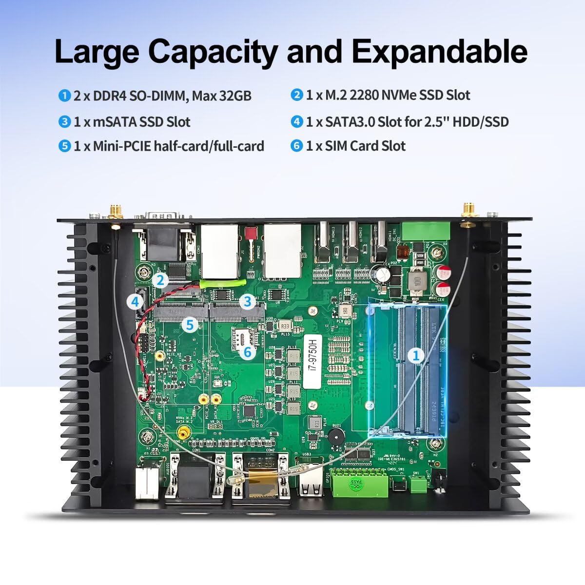 Mini PC IBC7 Industrial Lüfterlos Computer Core i7 9750H, Rugged Embedded Micro PC 8GB RAM 128GB NVME SSD, 6 x DB9 COM WiFi/BT4, Support PVE Linux Opnsense, 3HD