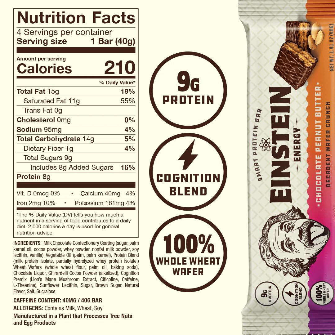 Einstein Energy Smart Snack Bars - Chocolate Peanut Butter Healthy Snacks With Protein, Real Milk Chocolate, Lion's Mane, Green Tea Extract, Caffeine, Citicoline, & L-Theanine, 100% Whole Wheat, 18 ct