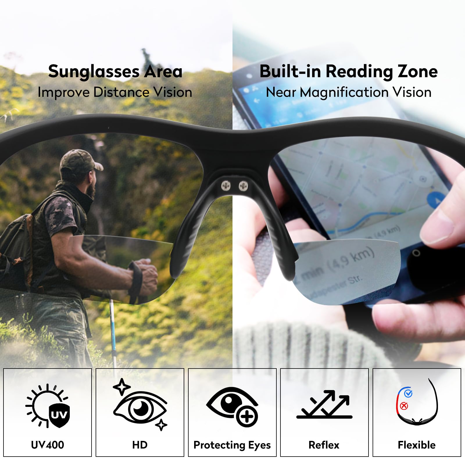 occhiali da sole da lettura bifocali uomo top TR90 con design a metà cornice avvolgente, lettori di sole UV400 per esterni