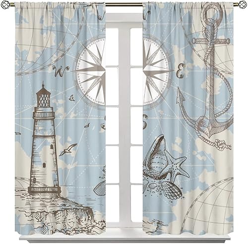 Miniatura 8 de Cortinas opacas de faro, concha náutica marina, brújula, ancla de mar, impresión artística azul para dormitorio, baño, sala de estar, decoración con