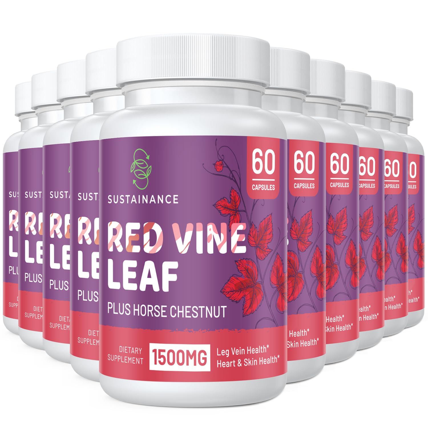 SUSTAINANCE Red Vine Leaf Extract 1400mg & Horse Chestnut Extract 100mg Supplement for Leg, Vein, Circulation, Heart, Skin (60 Capsules - 10 Bottle)