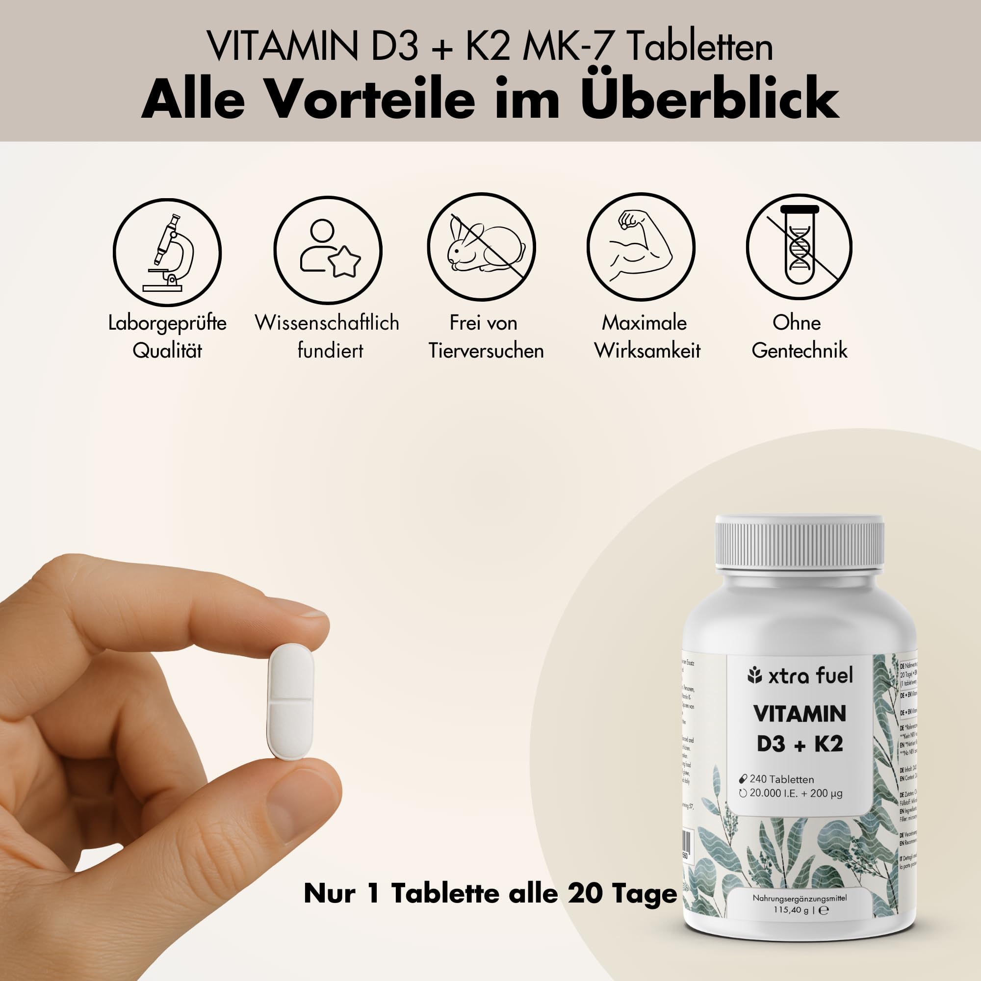 Vitamin D3 K2 20000 IE + Vitamin K2-MK7 99,7+% All-Trans - 720 Tabletten - hochdosiert & ohne Zusätze, laborgeprüfte Qualität - optimale Bioverfügbarkeit