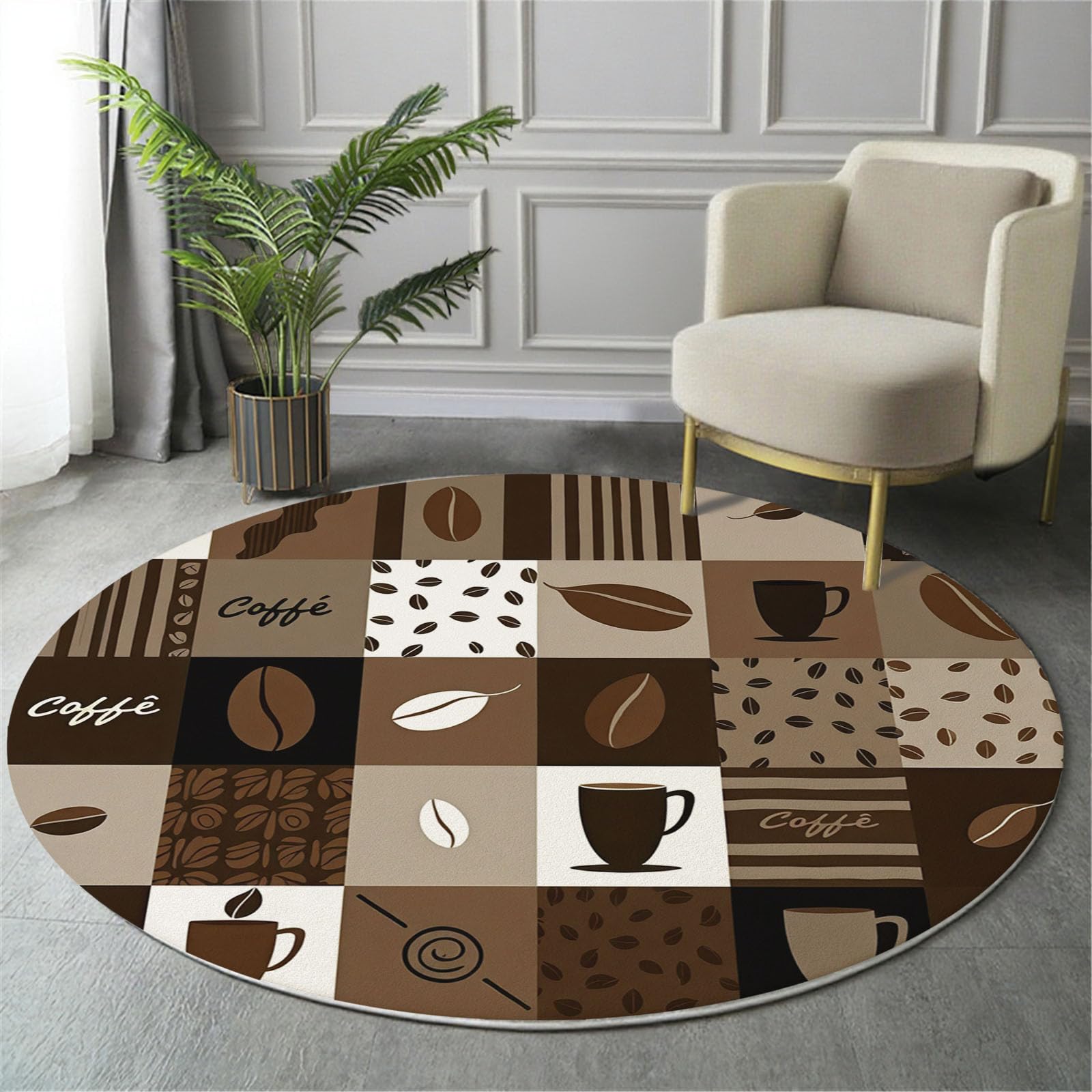 Tapis Rond Thème Café Géométrique pour Salon, 200 Cm, Grand Tapis Patchwork Vintage, Brun Rouille, Lavable Confortable, Antidérapant Doux Facile À Nettoyer pour Chambre À Coucher De Chevet