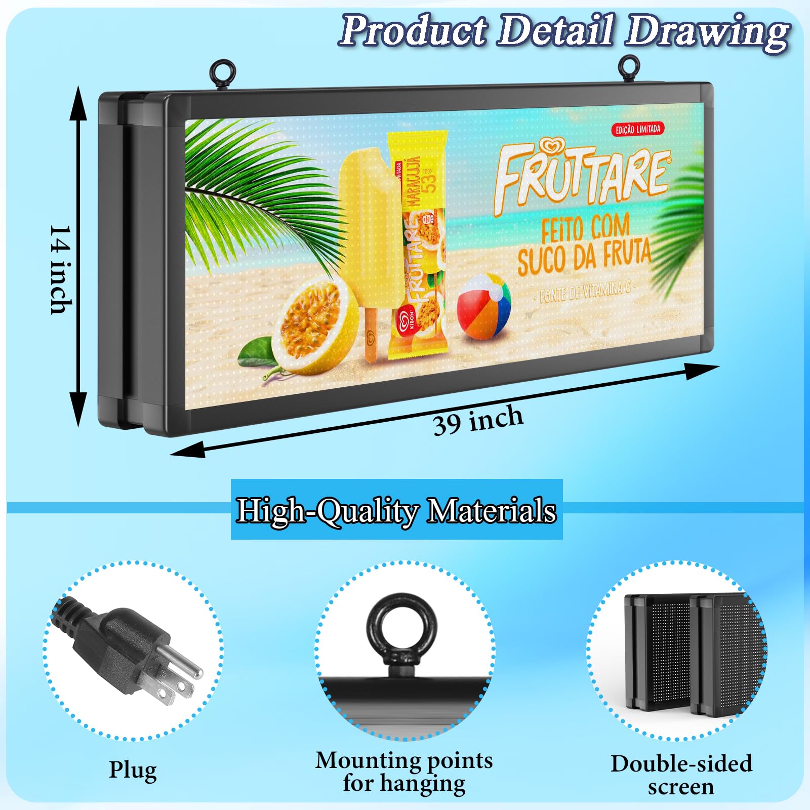 Pantalla LED P10 a todo color al aire libre, doble cara, programable, 39 x 14 pulgadas con control de aplicación WiFi, tablero publicitario impermeable IP65 de alto brillo para ventana