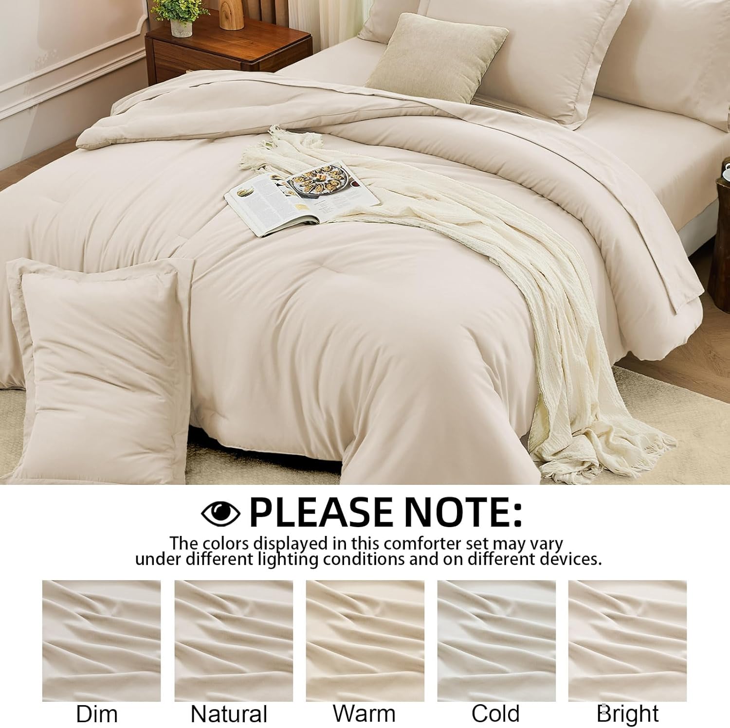 FUANNA Queen Comforter Set Beige, 7 Pieces Soft Bedding Sets Queen Size, All Season Lightweight Bed in a Bag with Comforter, Flat Sheet, Fitted Sheet, Pillowcases & Shams - Image 8