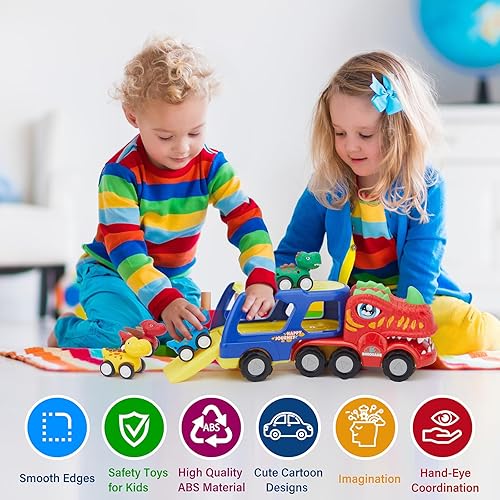 Miniatura 6 de Camión de dinosaurios de juguete para niños de 3 a 5 años, camión de dinosaurio con luces intermitentes, música y sonido de rugido, vehículos de