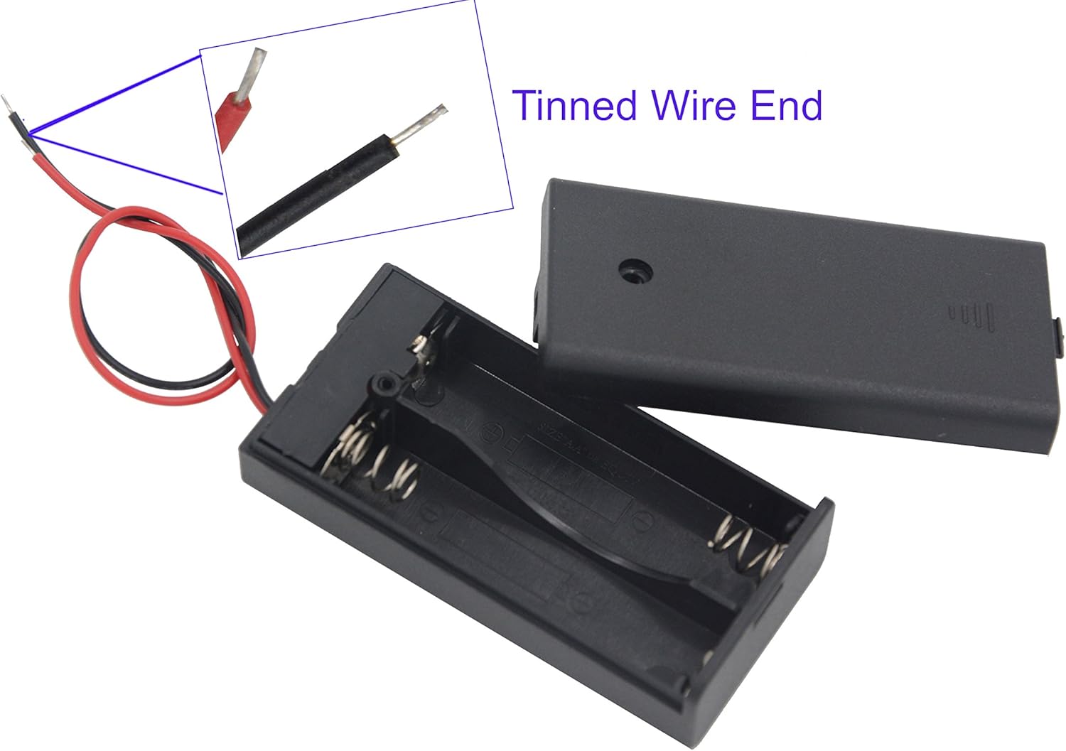 Close-up of tinned wire ends for battery holder connection