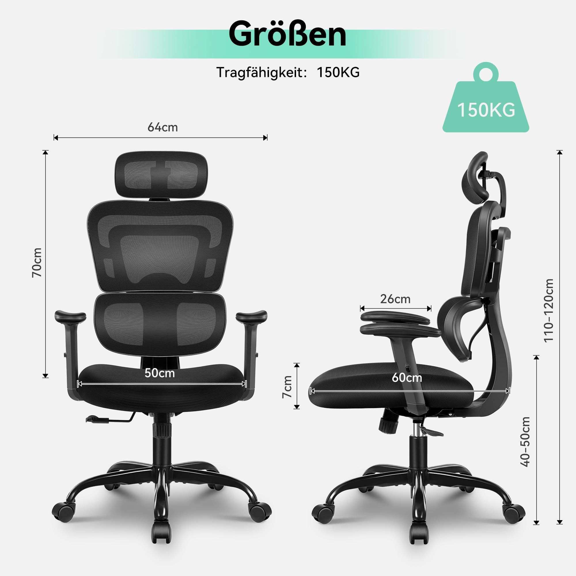 Sedia da ufficio, ergonomica, multifunzionale, in rete, per scrivania, 3D, poggiatesta e braccioli, regolabile in altezza, supporto dinamico, 150 kg, colore: nero