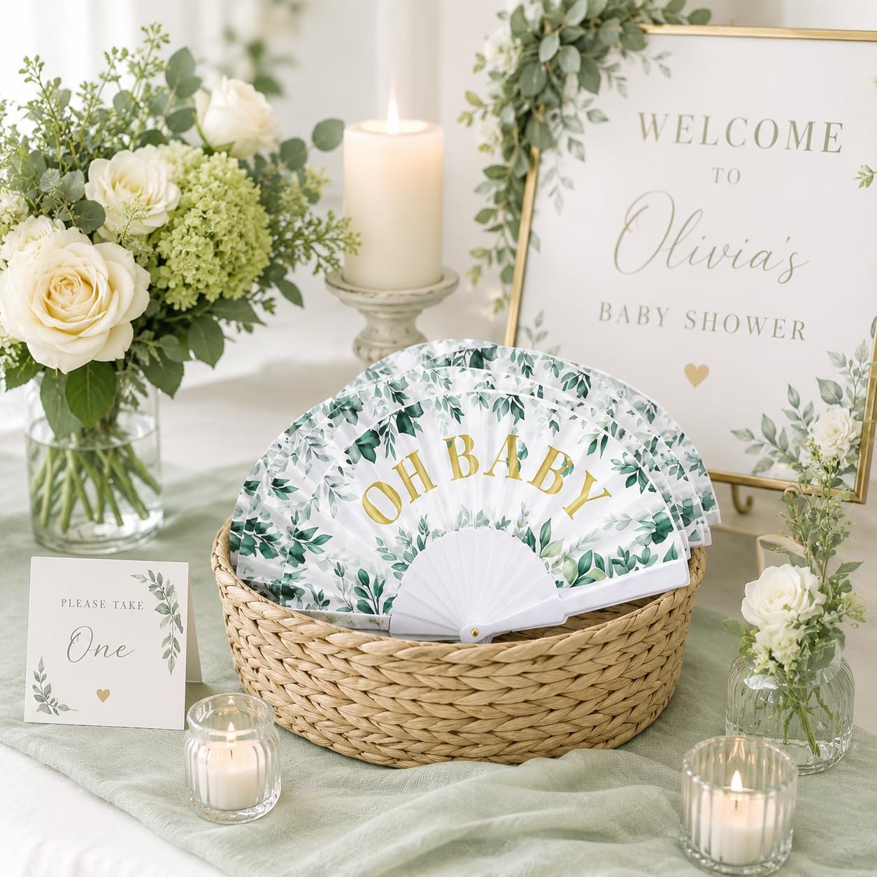 Cinrobiye 24 Pcs Greenery Baby Shower Folding Hand Fans, Sage Green Eucalyptus Oh Baby Fans Bulk, Foldable Fan Favors for Gender Reveal, Baby Shower Guest Favors and Party Decorations image 3