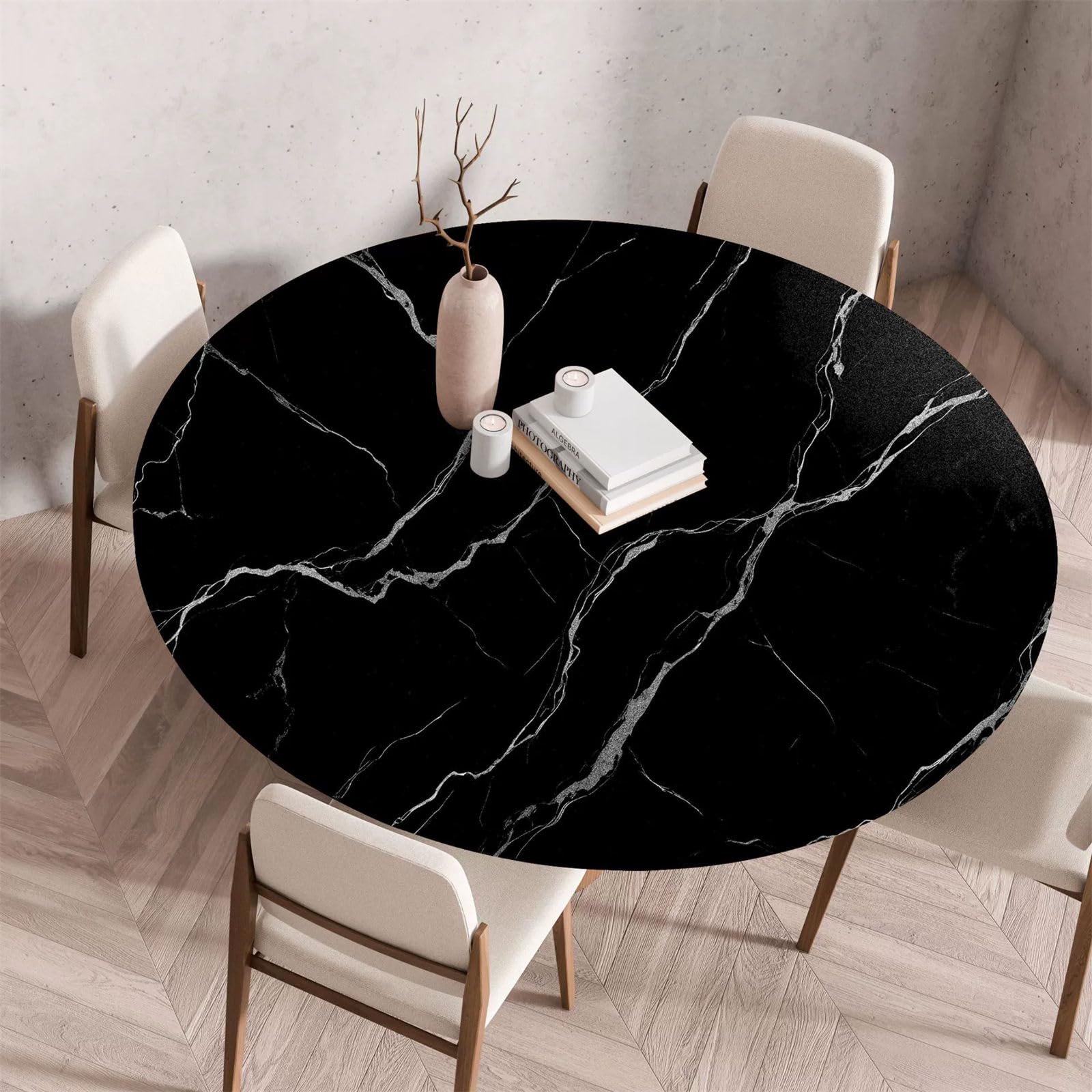 Morbuy Waterproof Round Tablecloth Elastic Edged Fitted Table Cover, Marble Stone Grain Round Fitted Tablecloth Wipe Clean Stain Resistant Table Cloth for Party (Black Marble,Diameter 140cm)