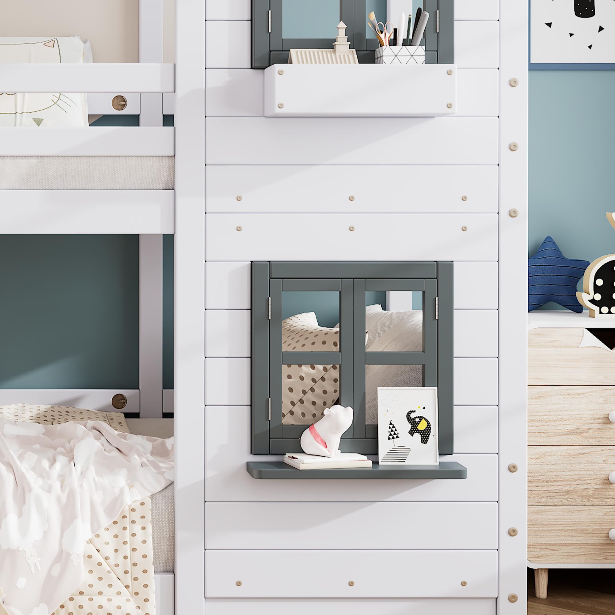Merax Lit superposé 90 x 200 cm - Protection Contre Les Chutes et échelle, lit de Maison avec Main Courante et fenêtre - Lit Simple pour Enfant avec sommier à Lattes, Cadre en pin, Blanc
