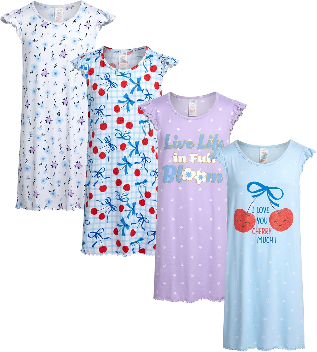 Rene Rofe Girls Nightgowns - 4 Pack Lightweight Short Sleeve Sleep Dresses for Girls - Soft Cute Sleepwear Pajama Dresses