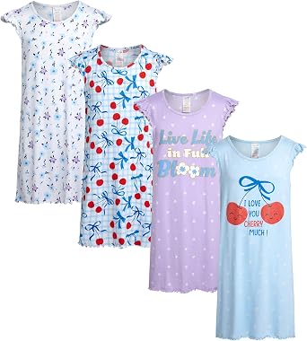 Rene Rofe Girls Nightgowns - 4 Pack Lightweight Short Sleeve Sleep Dresses for Girls - Soft Cute Sleepwear Pajama Dresses