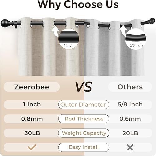 Miniatura 4 de Zeerobee Barras de cortina para ventanas de 120 a 240, barra de cortina negra ajustable de 1 pulgada de alta resistencia, poste de cortina moderno