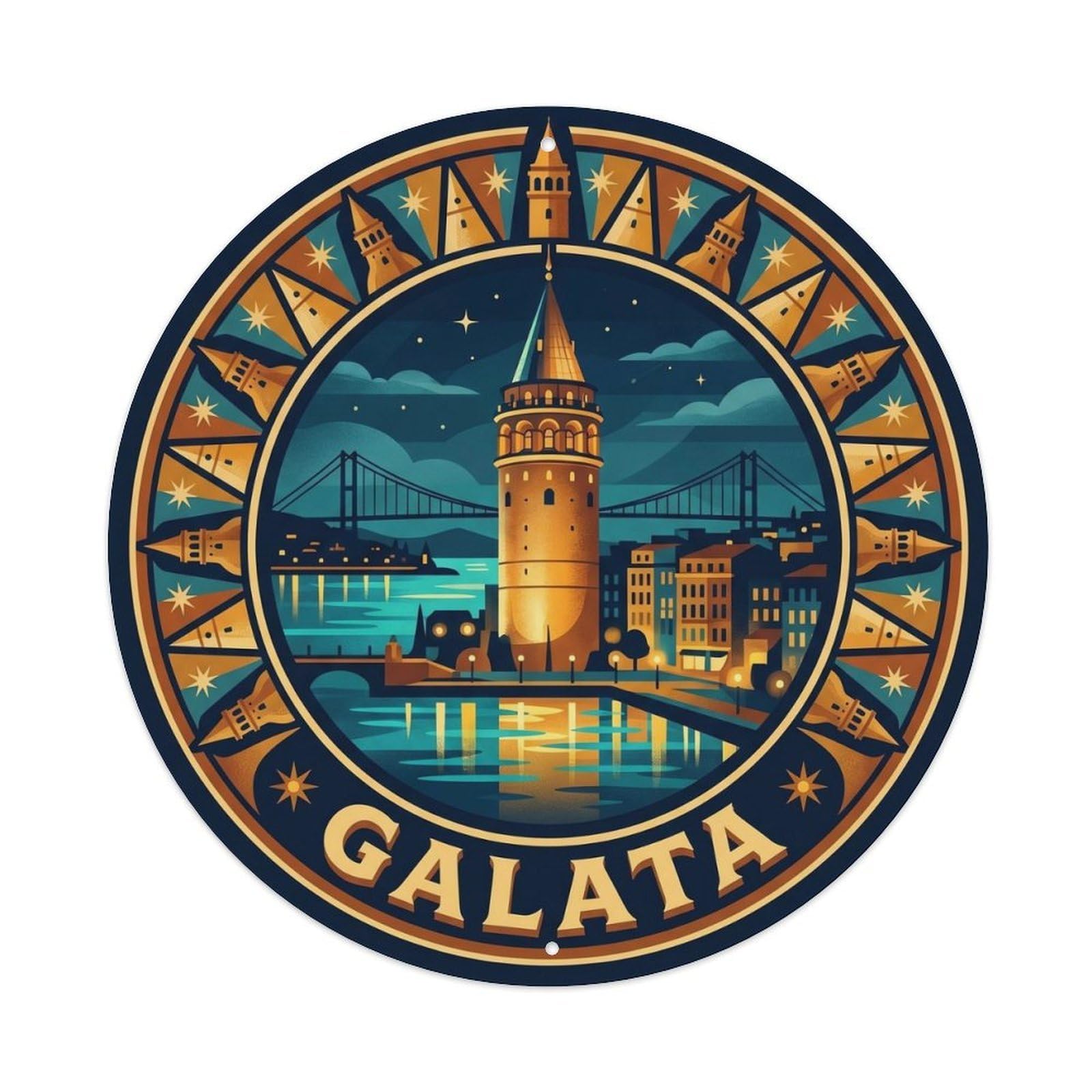 Istanbul Galata Tower Night Historic Castle Graphic Metal Tin Sign