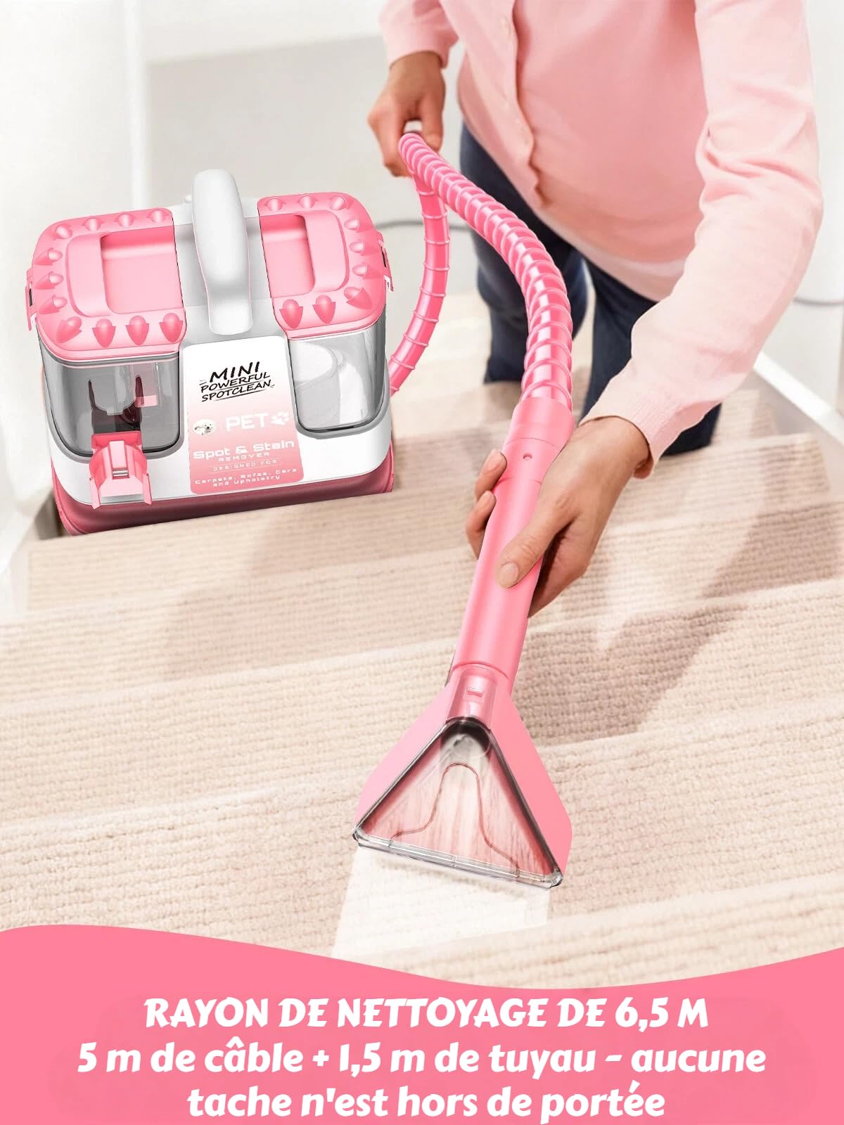 Nettoyeur canapé tissu, 18Kpa Shampouineuse Canapé 600W, Aspirateur Nettoyeur avec 500ml de Solution & 5 Accessoires, pour Tapis, Escaliers, Voiture, Design Léger, Rose