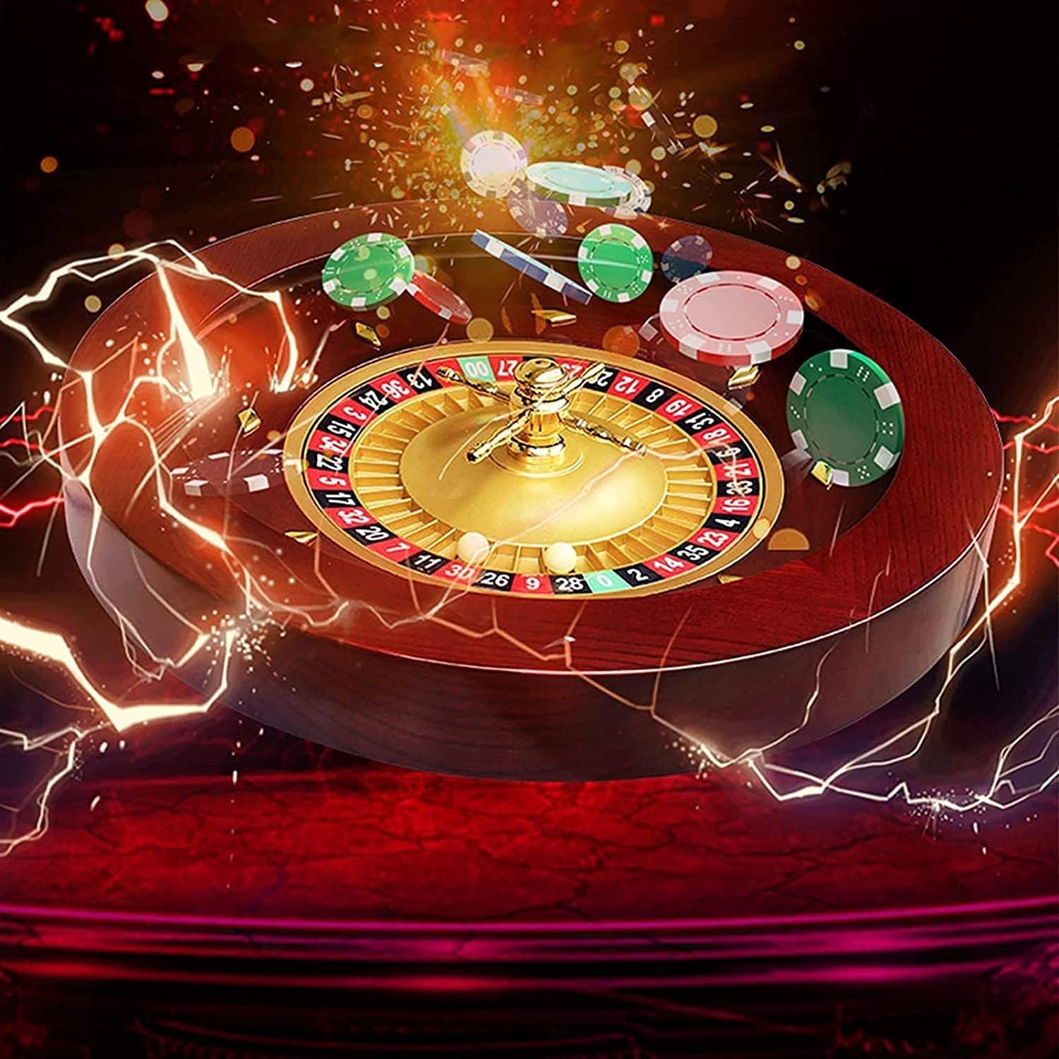 Casino Turntable, 18in Red Mahogany Roulette Wheel Set with Double-Zero Layout, Casino Grade Precision Bearings