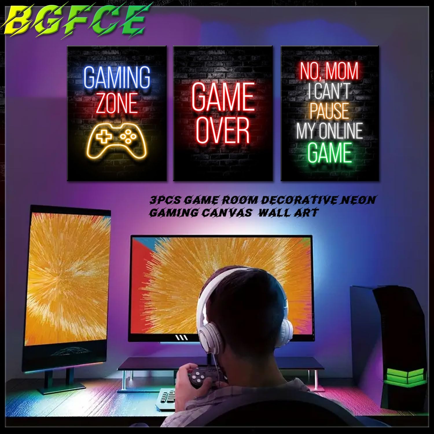 BGFCE Gaming-Poster auf Leinwand, Wanddeko fürs Jugendzimmer, Gamer-Deko fürs Jungenzimmer, Gaming-Wandbilder für Jungen, 61 x 40,6 cm, gerahmtes 3er-Set