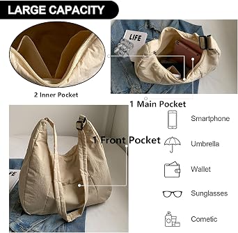 KAMEILONG Large Nylon Crossbody Purse Women Hobo Crescent Shoulder Bag Slouchy Tote Bag Casual Weekend Handbag for Women