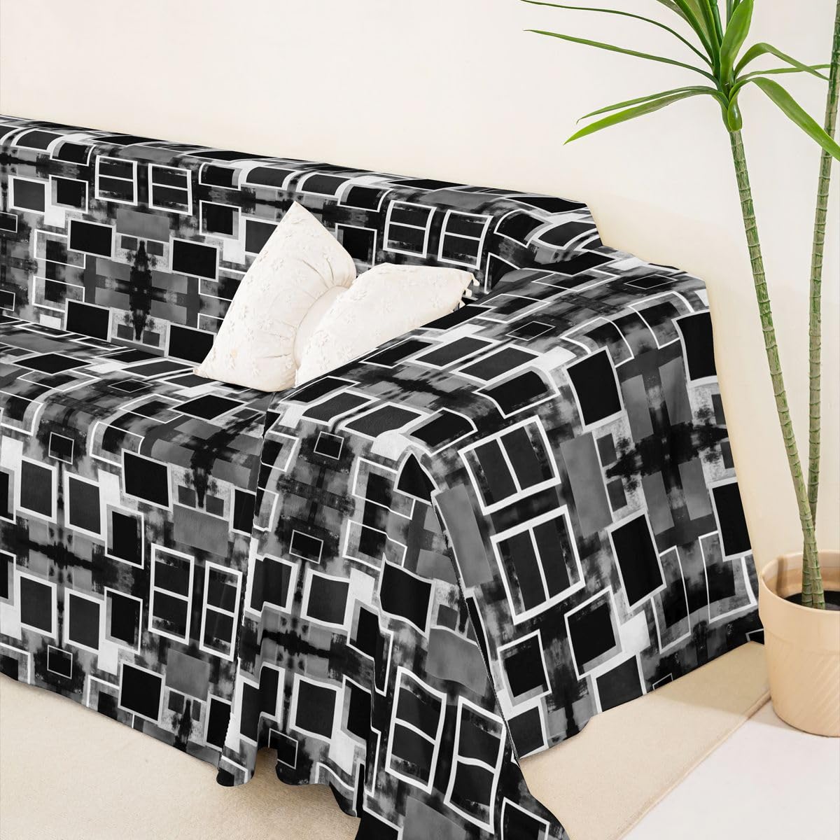 Homewish Funda de sofá geométrica en blanco y negro de 180 x 340 cm