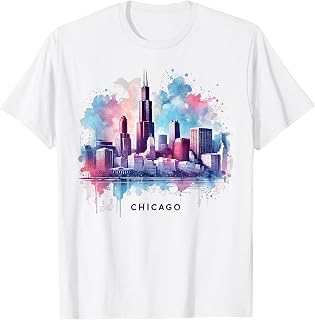 Chicago City Skyline Cityscape Watercolor Tourists Men Women T-Shirt