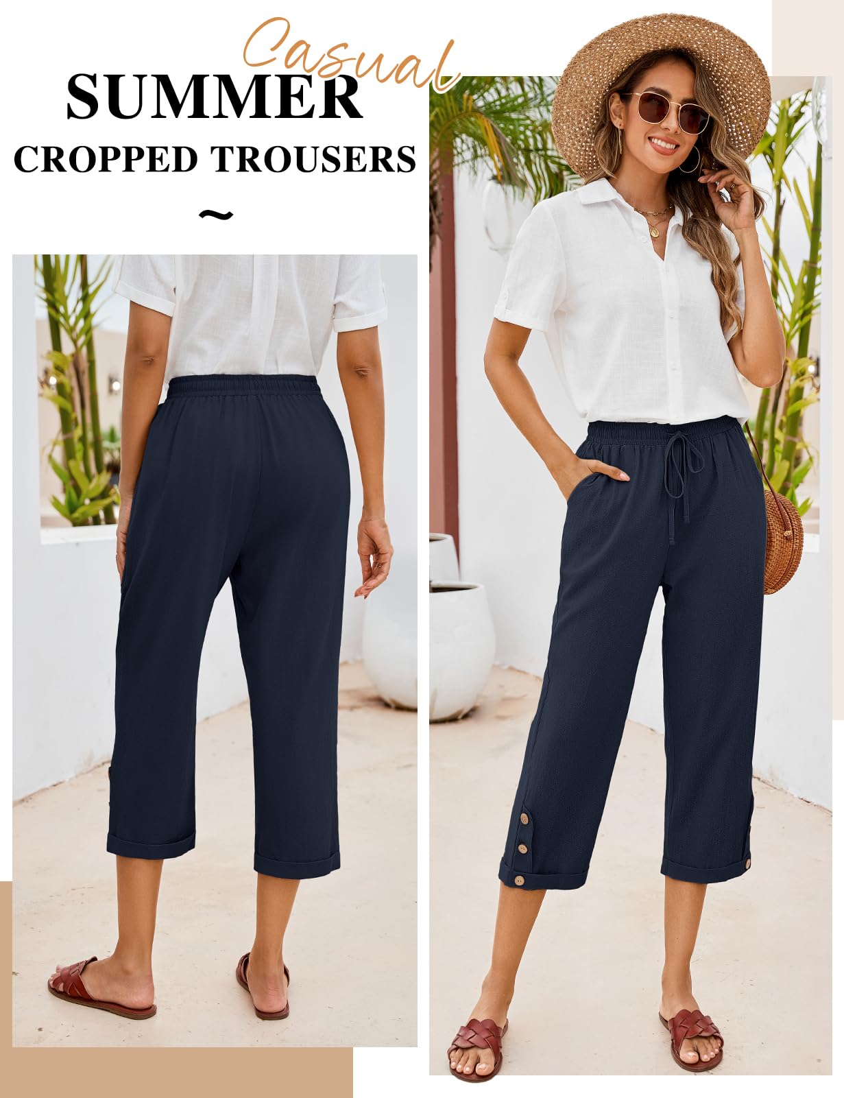 Voqeen Pantalon Femme Été Léger 3/4 Pantacourt Fluide Elastique avec Poches Coton Vêtement Chic Elegant Décontractée Pants de Plage