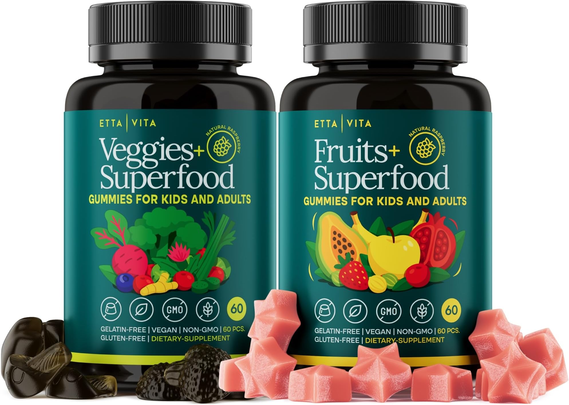 (120 Chews) Fruits and Veggies Supplement - Super Greens Gummies (9 Superfruits & 30 Veggies) Mushrooms, Fruit and Vegetable Vitamins, Non-GMO, Pectin-Based, Gluten-Free, No Capsules