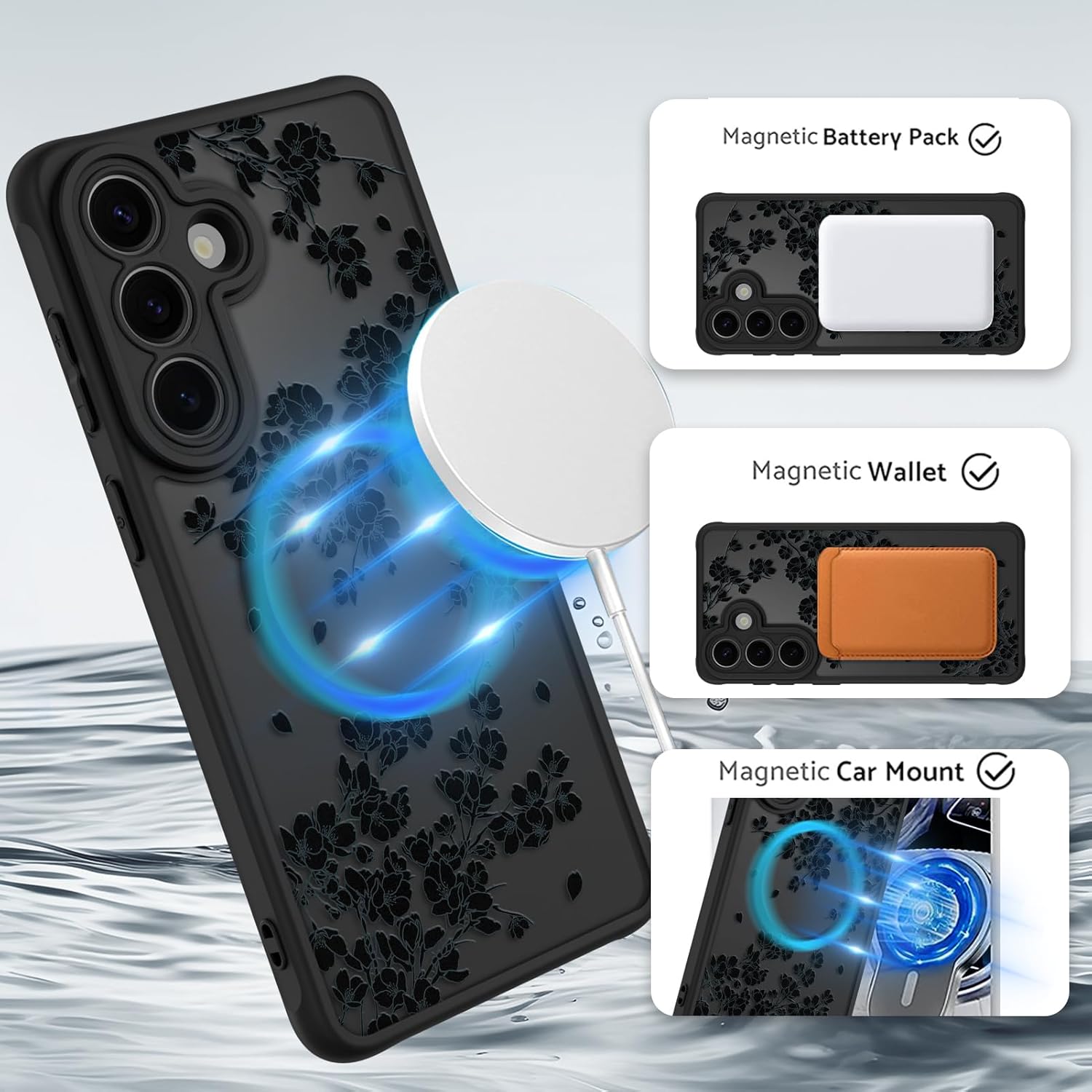 OOK Case Fit for Samsung Galaxy S26 6.3 Inch (Wireless Charging Compatible) Black Floral Flowers Design Translucent Phone Cover Soft TPU + Hard PC Anti-Scratch Shockproof Magnetic Case for Women