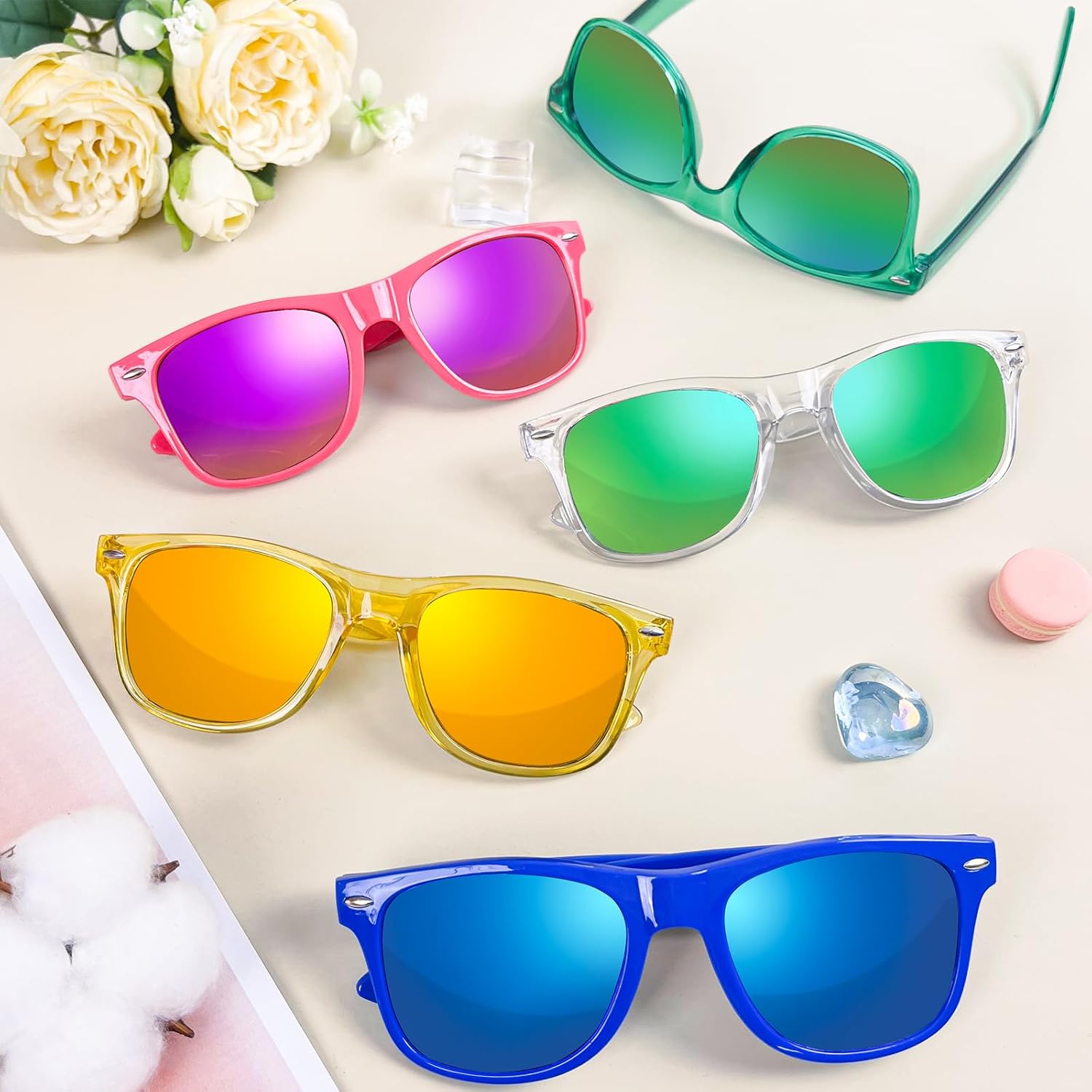 SUNOVELTIES 12/24 Pack Neon Party Sunglasses Mirrored/Jelly Lens Bulk Glasses Horn Rimmed Eyewear for Men Women