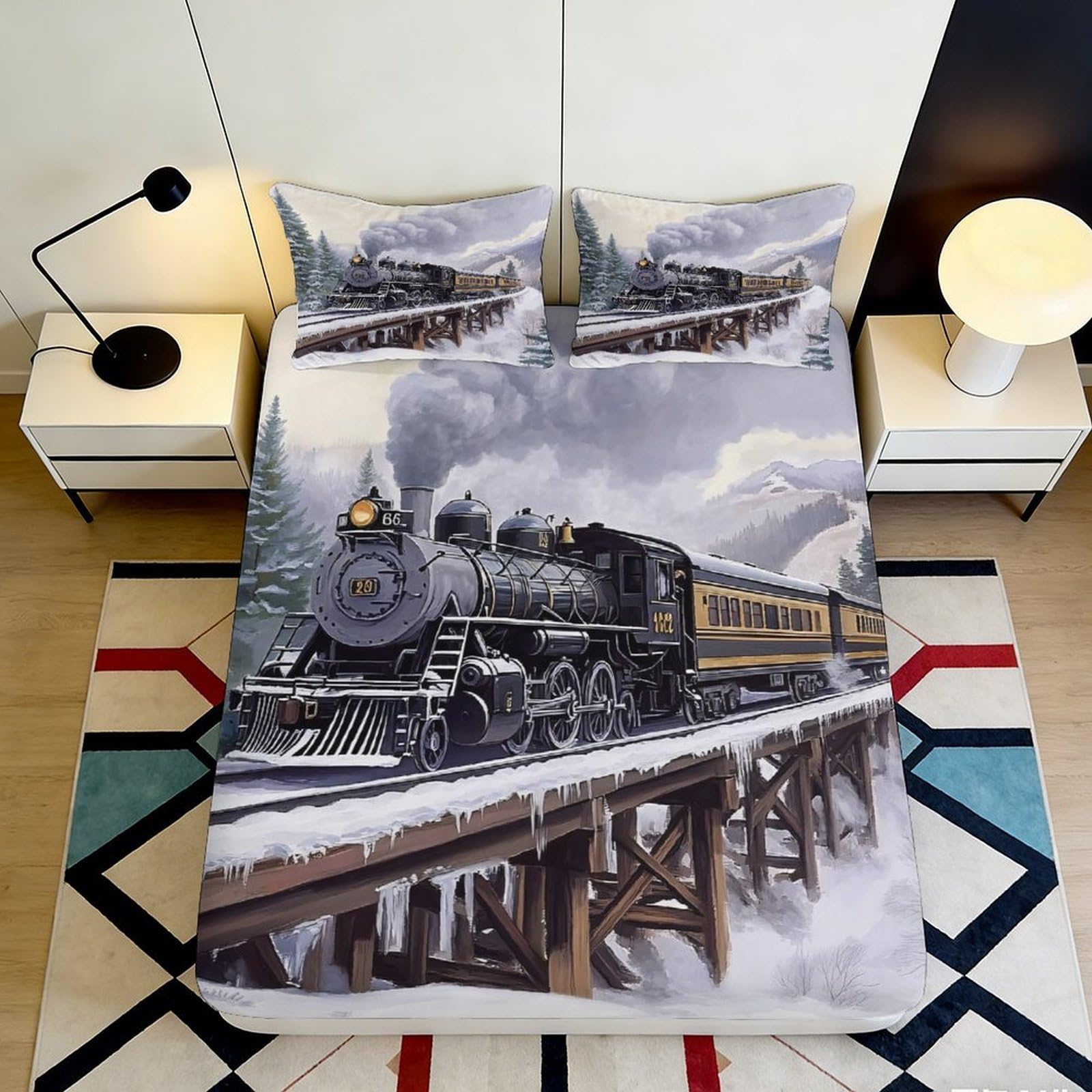 Pnayamiorkfel Style-7 3D Printed Steam Train Railway Fitted Sheet Microfiber Soft Anti-Slip Bed Cover For Bedroom Guest Room Decor 90X200x25cm