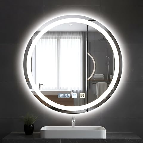 Espejo de Baño Redondo LED de 60 x 60 cm con Luz, Iluminado, Montaje en Pared, Antivaho, Luz Regulable de 3 Colores, Espejo Antivaho con Luces Retroiluminadas para Baño