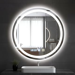 Comprar Espejo de Baño Redondo LED de 60 x 60 cm con Luz, Iluminado, Montaje en Pared, Antivaho, Luz Regulable de 3 Colores, Espejo Antivaho con Luces Retroiluminadas para Baño