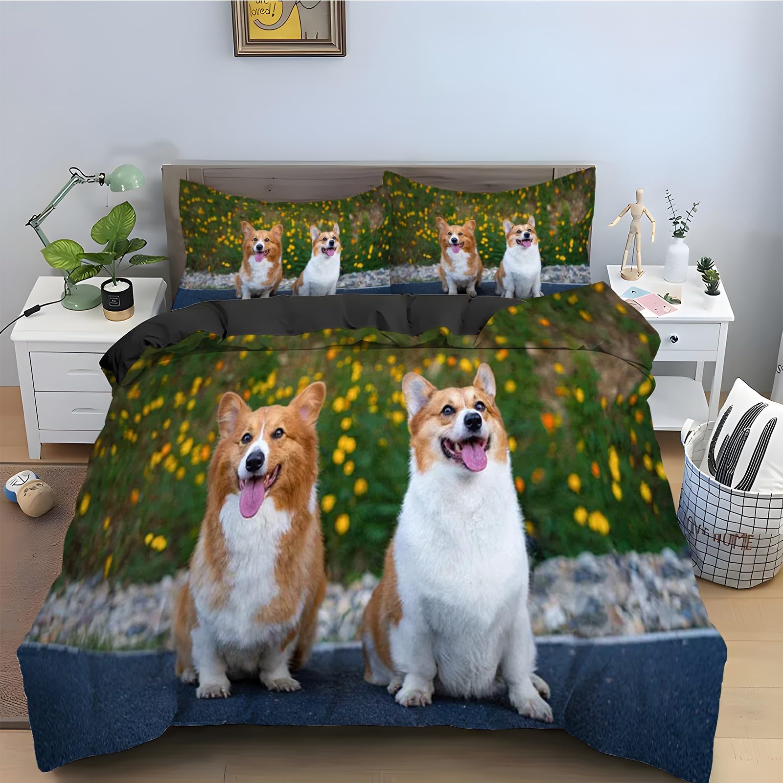 Parure de lit 90x190 Corgi avec housse de couette fleurs en microfibre douce et taies