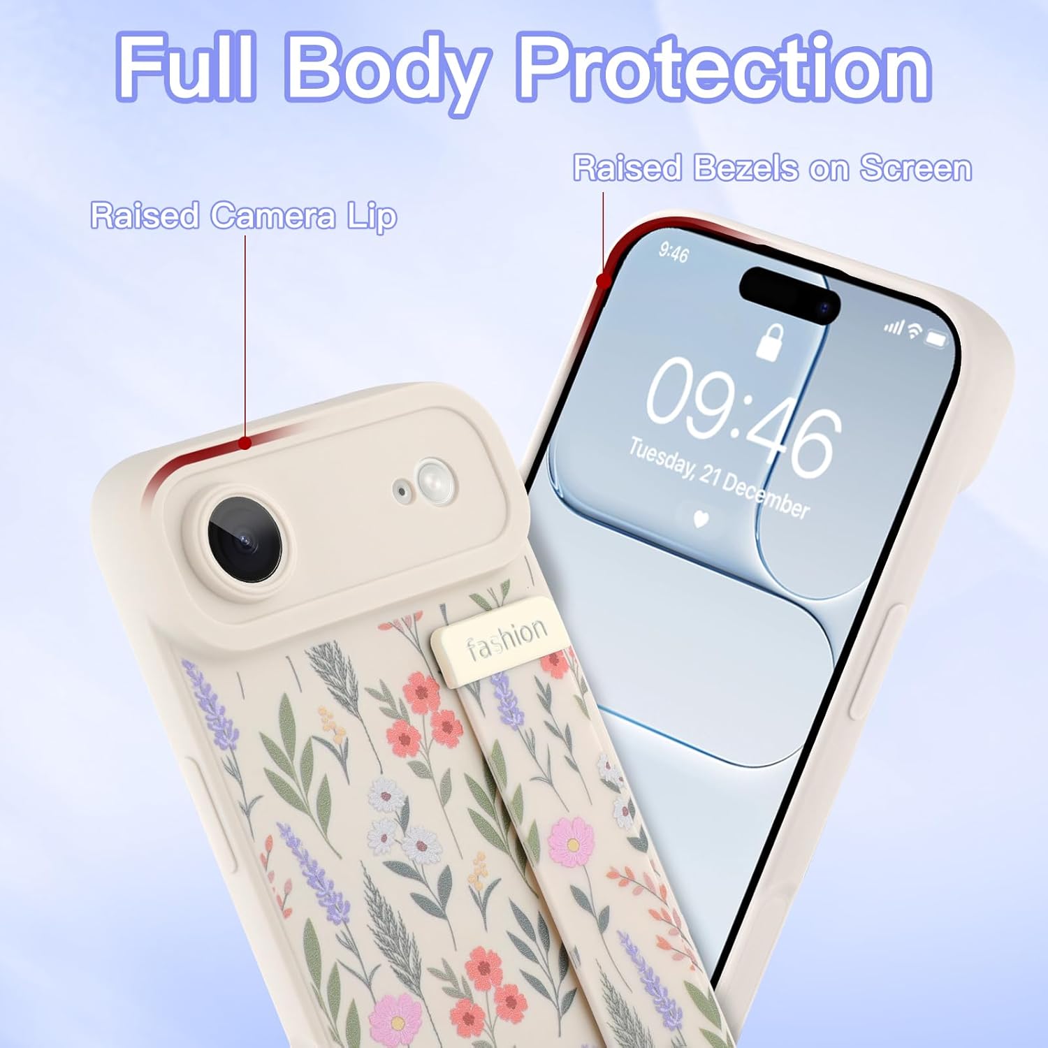 AIGOMARA for iPhone Air Case with Strap for Women Girls, Cute Floral Flowers Pattern, Soft Wirstband Kickstand Silicone Protective Cover, White - Image 4
