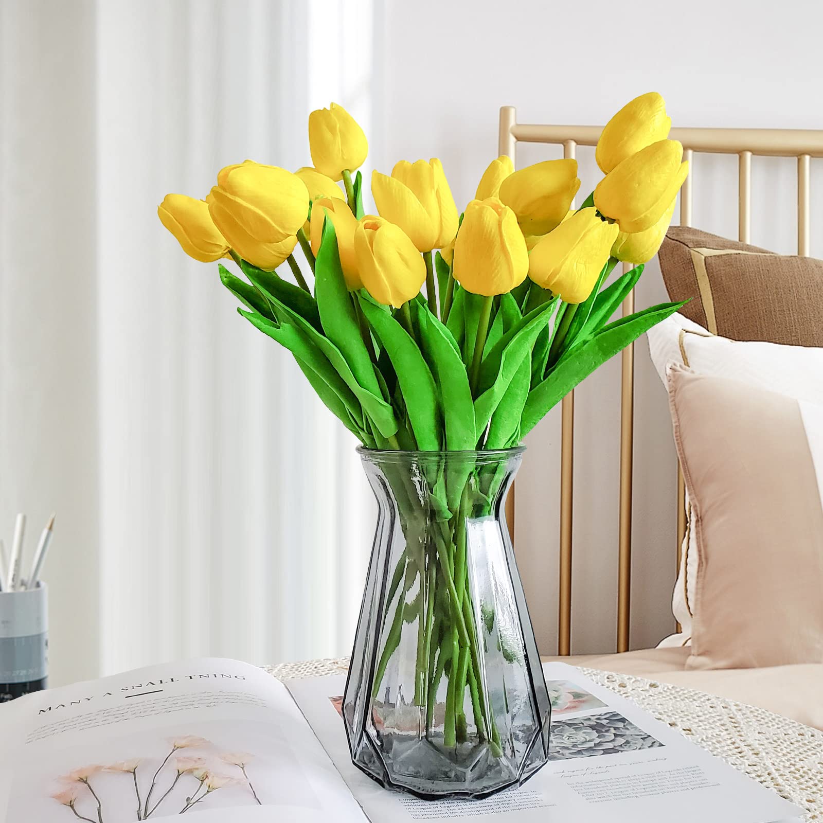 Beau Jour PU Real Touch Artificial Tulips Fake Flowers 20 Pcs Flowers Arrangement Bouquet for Home Office Wedding Decoration (yellow)