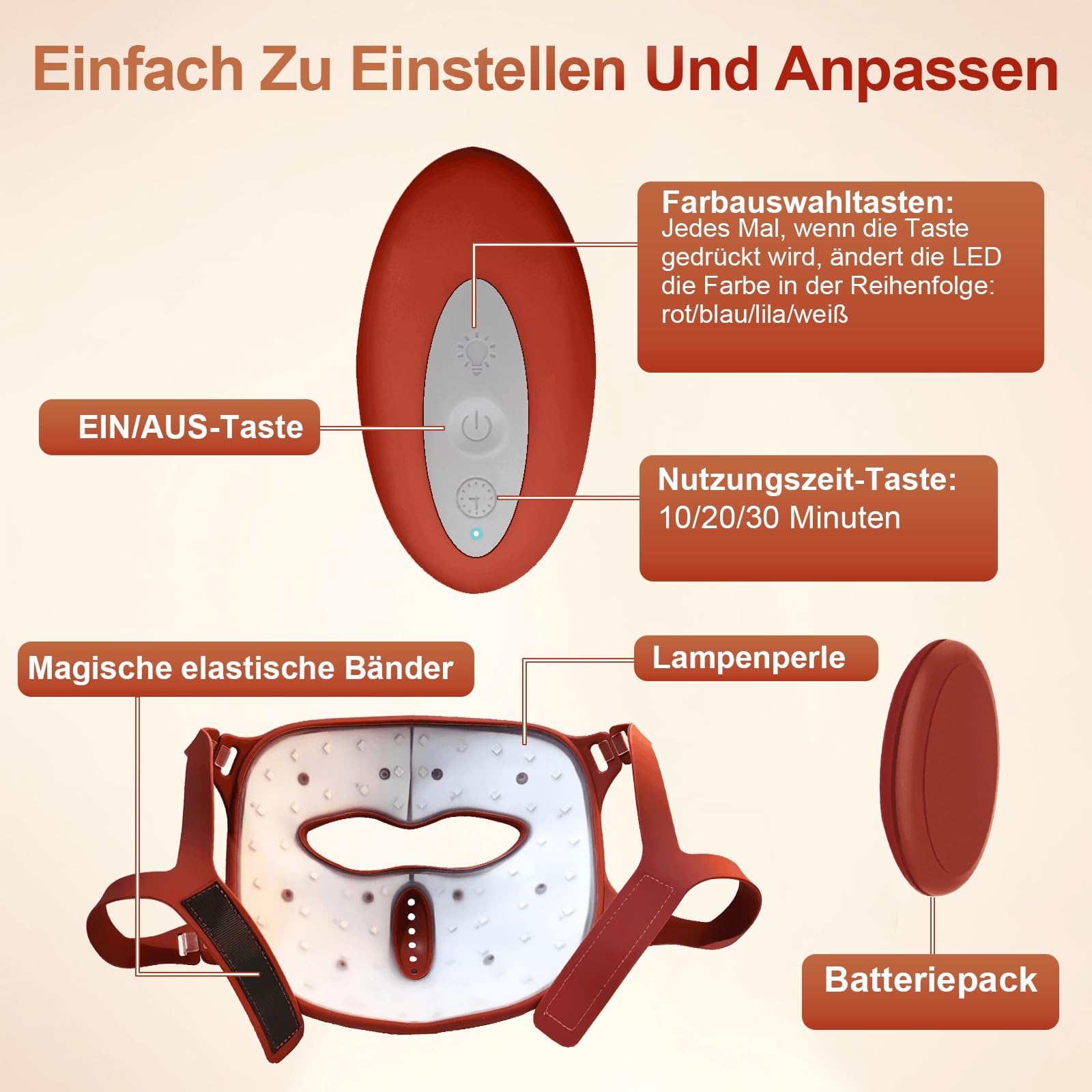 LED Maske Gesicht 4 Farben 64 Rotlichtlampe Gesichtsmaske Kabellose