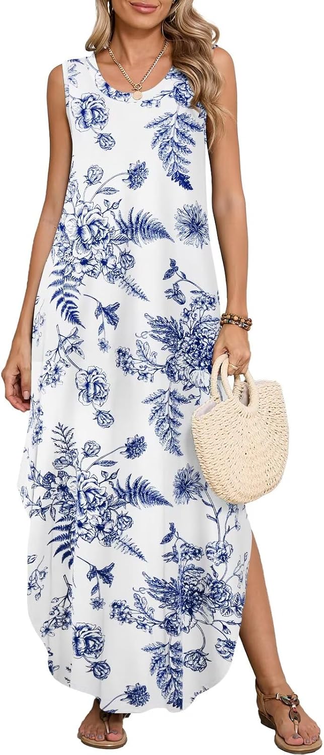 BELAROI Womens Plus Size Maxi Dress Sundress Summer Casual Sleeveless Scoop Neck Pockets Beach Swimsuit Coverup Loose Outfits