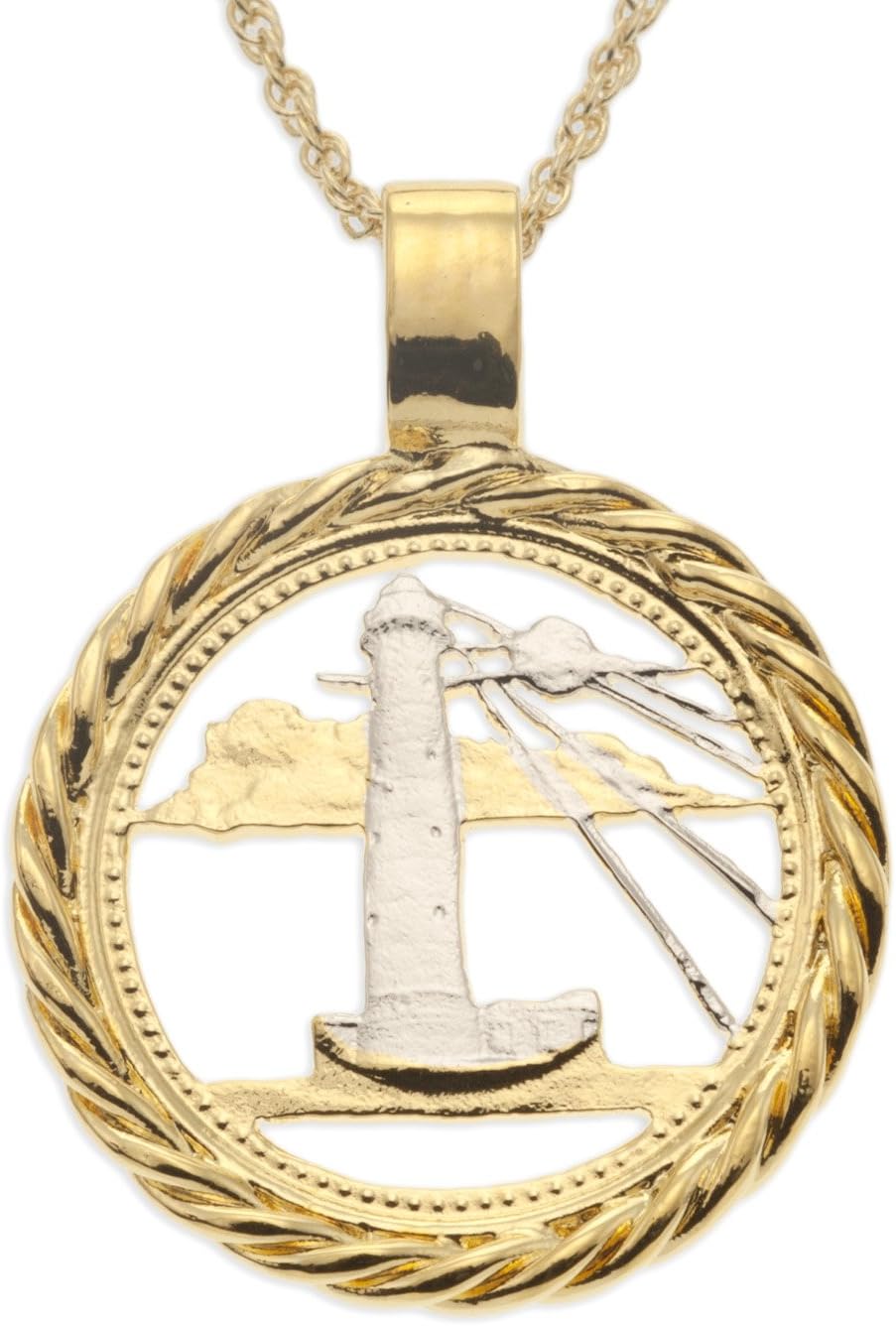Lighthouse Pendant Necklace, Barbados Five Cent Coin Hand Cut,14 K Gold & Rhodium Plated,7/8" in Diam