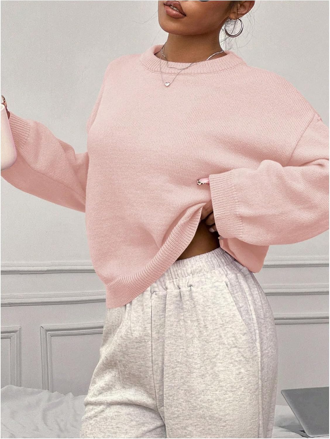 WDIRARA Women's Crew Neck Long Sleeve Sweaters Basic Solid Jumper Pullover Knit Tops - Image 3