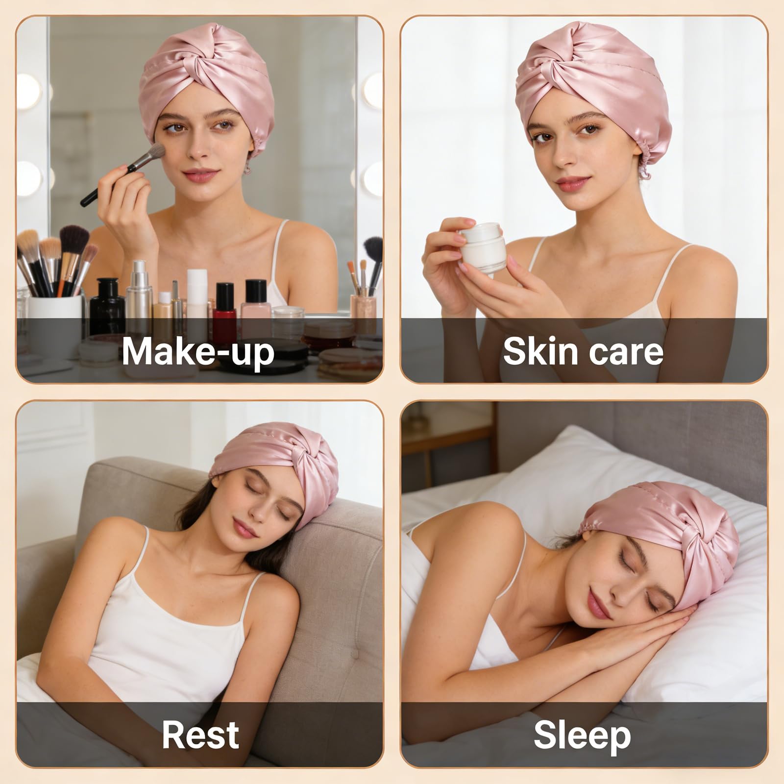 Cuffia in seta satinata con fibbia regolabile e elastico per capelli, cuffia per dormire e acconciare le donne