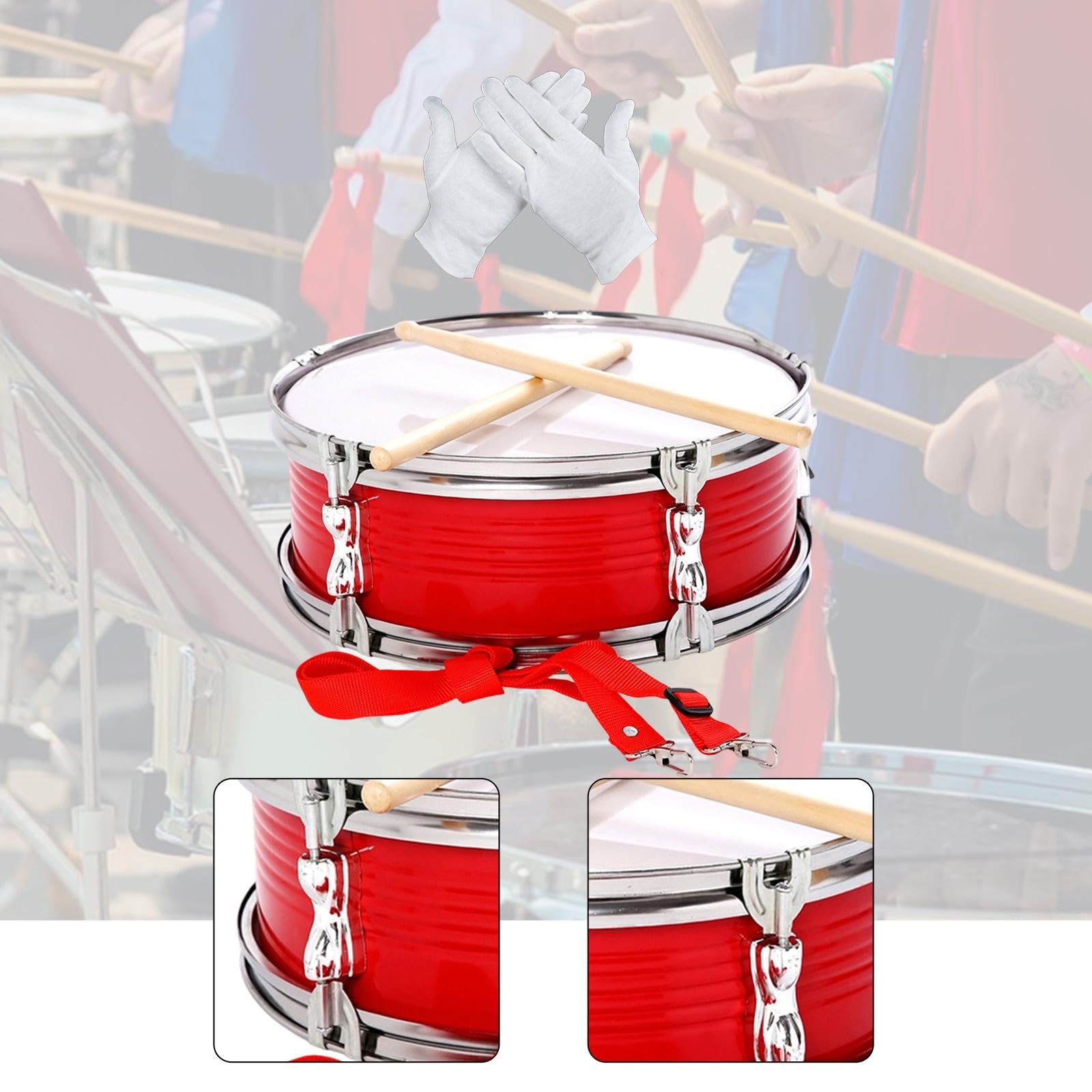 Snare Drum Musikset Drumsticks Handschuhe Edelstahl Geeignet für Kinder Erwachsene Übung Auftritt Unterricht Anfänger, Rot
