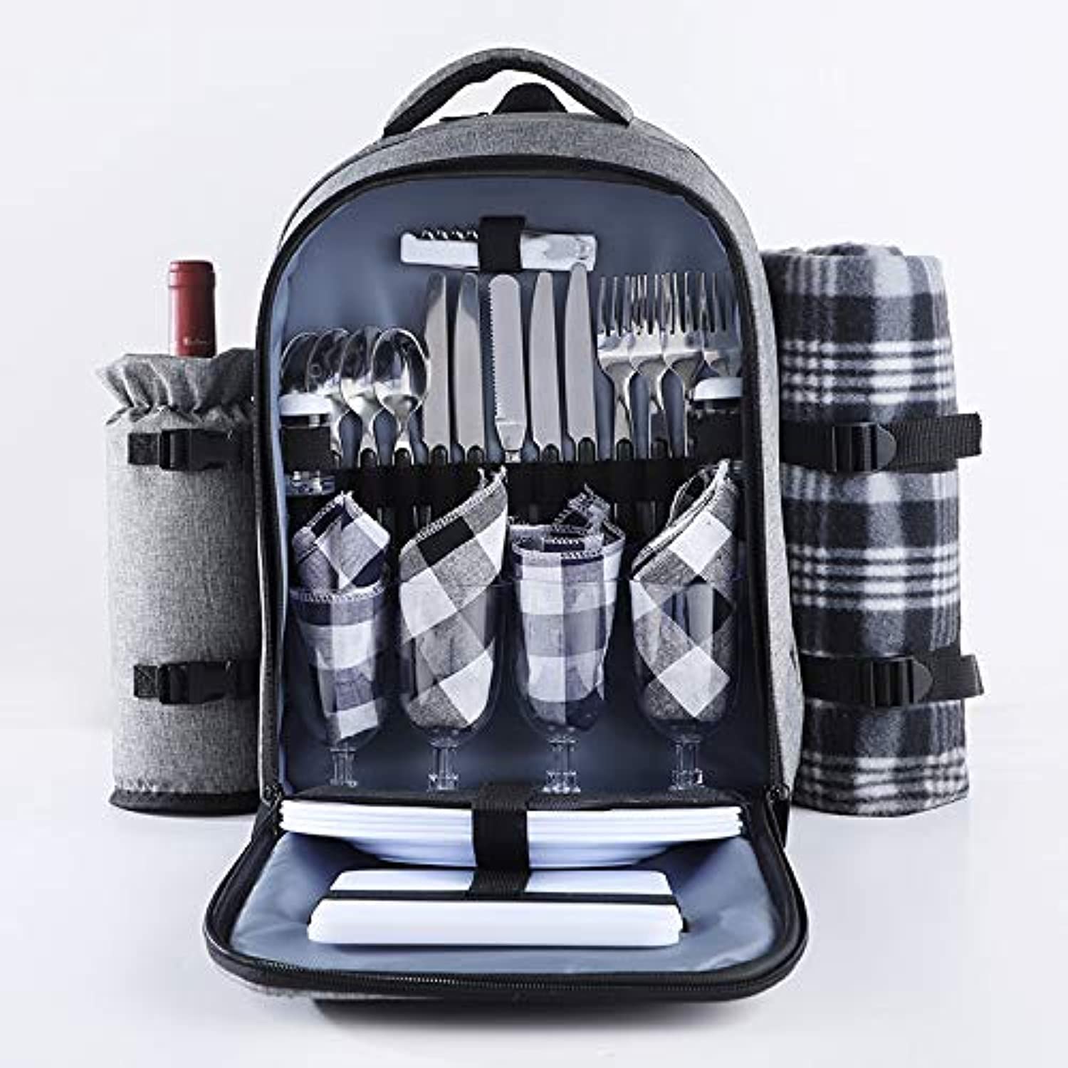 TimiCare All-In-One Picnic Backpack Bag for 4 Person With Cooler Compartment, Detachable Bottle/Wine Holder, Fleece Blanket, Plates and Cutlery Set Perfect for Outdoor, Sports, Hiking, Camping, BBQs
