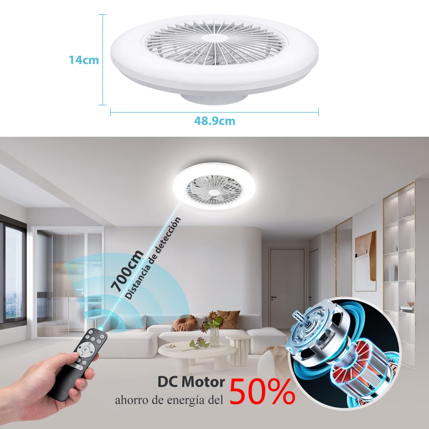 Aigostar Ventilador de Techo con Luz Silencioso, Φ49*14cm, con Telecomando, Motor DC, Temporizador, Función de Memoria, Apto para Cocina, Dormitorio y Sala de Estar, Blanco