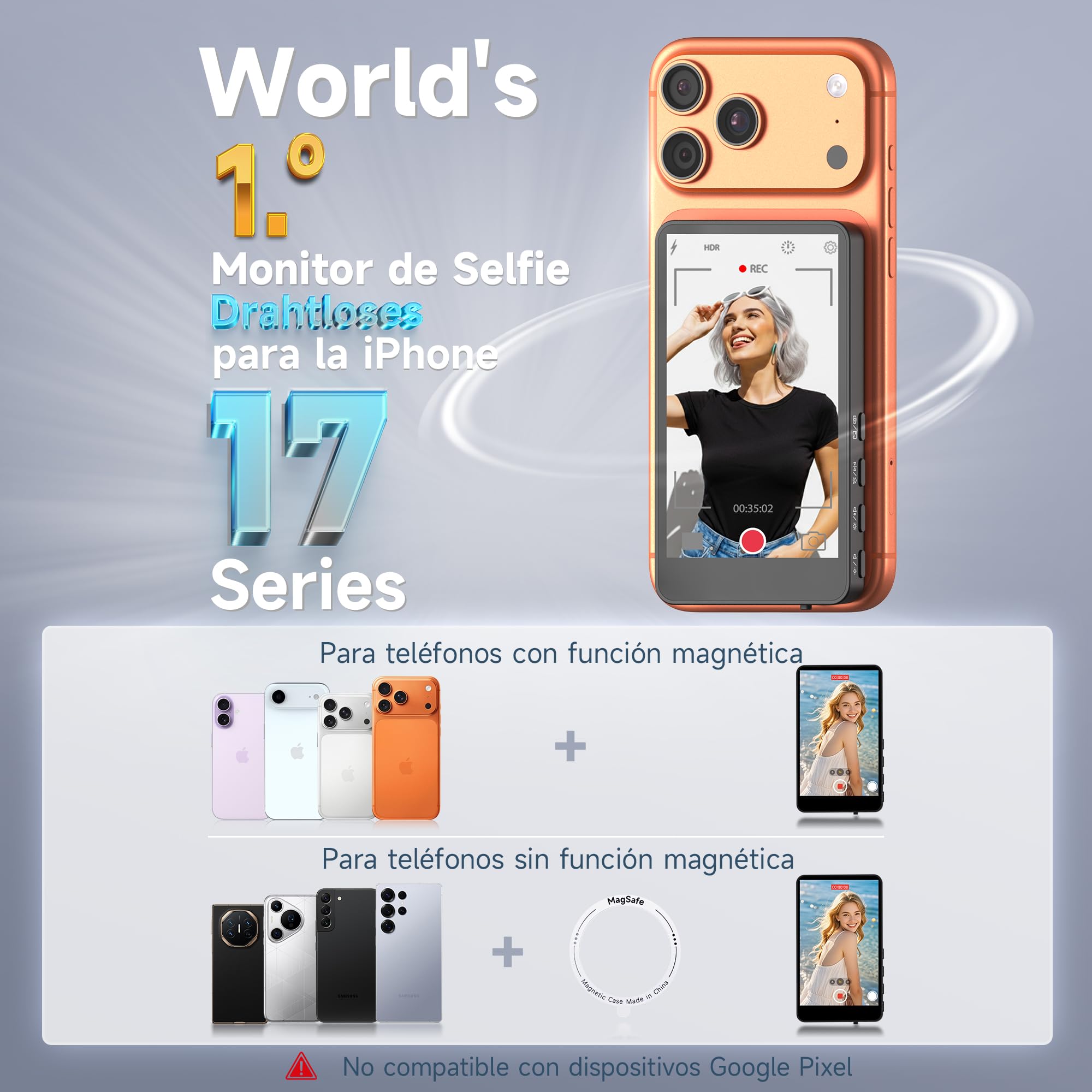SYNCO XView Teléfono Móvil Selfie Monitor para iPhone 17, 3,97 Pulgadas, Magnético Smartphone Vlog Pantalla para Android Cámara Trasera Inalámbrica 50M, con Altavoz para TikTok Youtube (Negro)