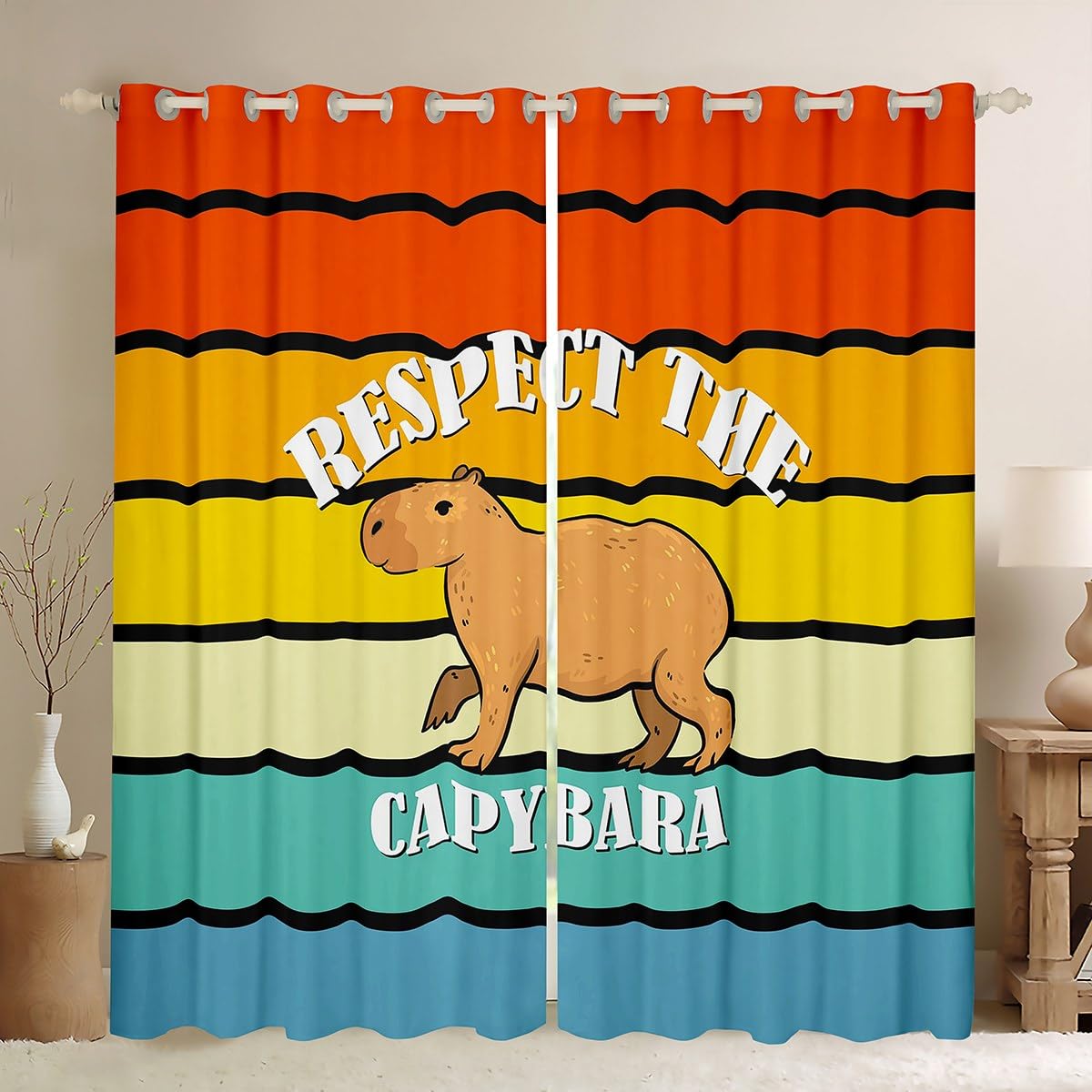 Kawaii Capybara Vorhänge 140Bx260L 2 Panels Cartoon Capybara Vorhänge Lustige Braune Nagetier Tier für Kinder Jugend Schlafzimmer Dekor Geometrische Streifen Verdunkelung Vorhänge, Regenbogenfarbe
