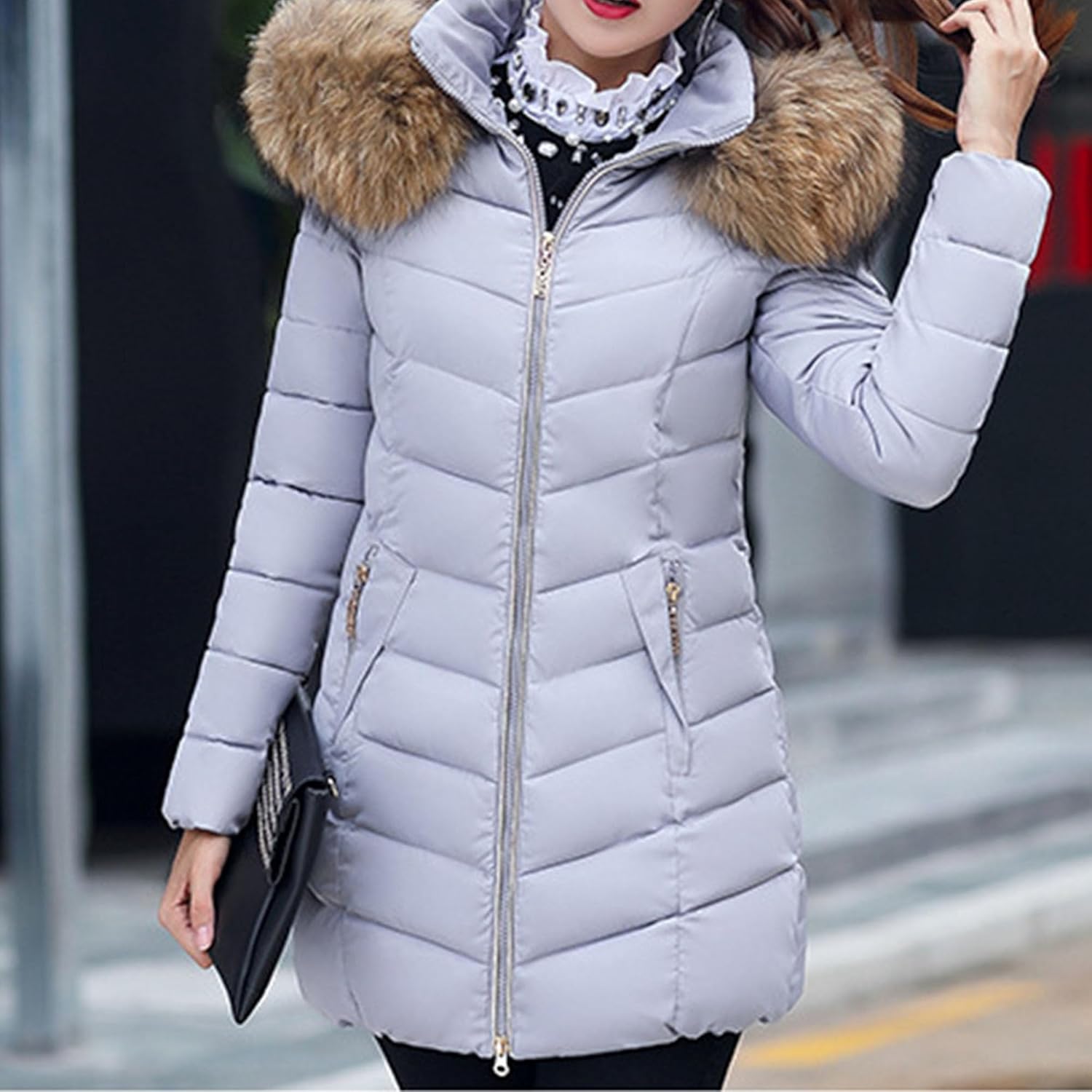 JEsilunmaMY Women's Slim Cotton Puffer Jacket Mid Length Fur Hood Winter Down Coats Solid Color Windproof Quilted Jacket